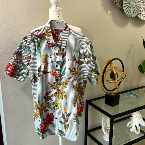 VatPave: Men’s Short Sleeve button down Shirt, stripes with tropical blooms Sz L - Picture 2 of 11